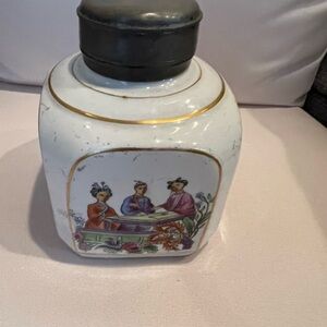 Antique Chinese Porcelain Hand Painted Eastern Beauty Tea Caddy w/Rosewood Lid